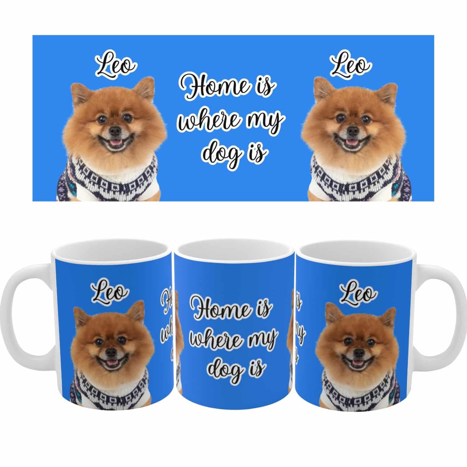 Custom-Pet-Photo-Mug-With-Pet-Portrait-Home-Is-Where-My-Dog-Is Custom pet photo mug with pet portrait and "Home Is Where My Dog Is" design.