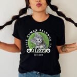Custom shirt with the phrase "This Human Belongs To" featuring a custom cat portrait and its name — a personalized gift for cat lovers.