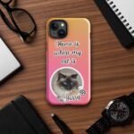 Custom cat phone case featuring a personalized cat photo and name – Style 2. Showcases the phrase "Home Is Where My Cat Is." A stylish and protective accessory, ideal for cat lovers