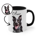 Custom dog portrait mug, white with black color inside, close-up view