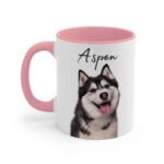 Custom pet face mug, white with pink color inside, close-up view