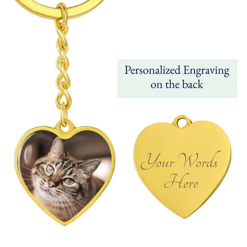 Personalized-Heart-Shaped-Pet-Owner-Keychain-Yellow-Gold-Finish Personalized heart-shaped pet owner keychain in yellow gold finish, featuring a custom pet photo engraving and a sleek, polished design