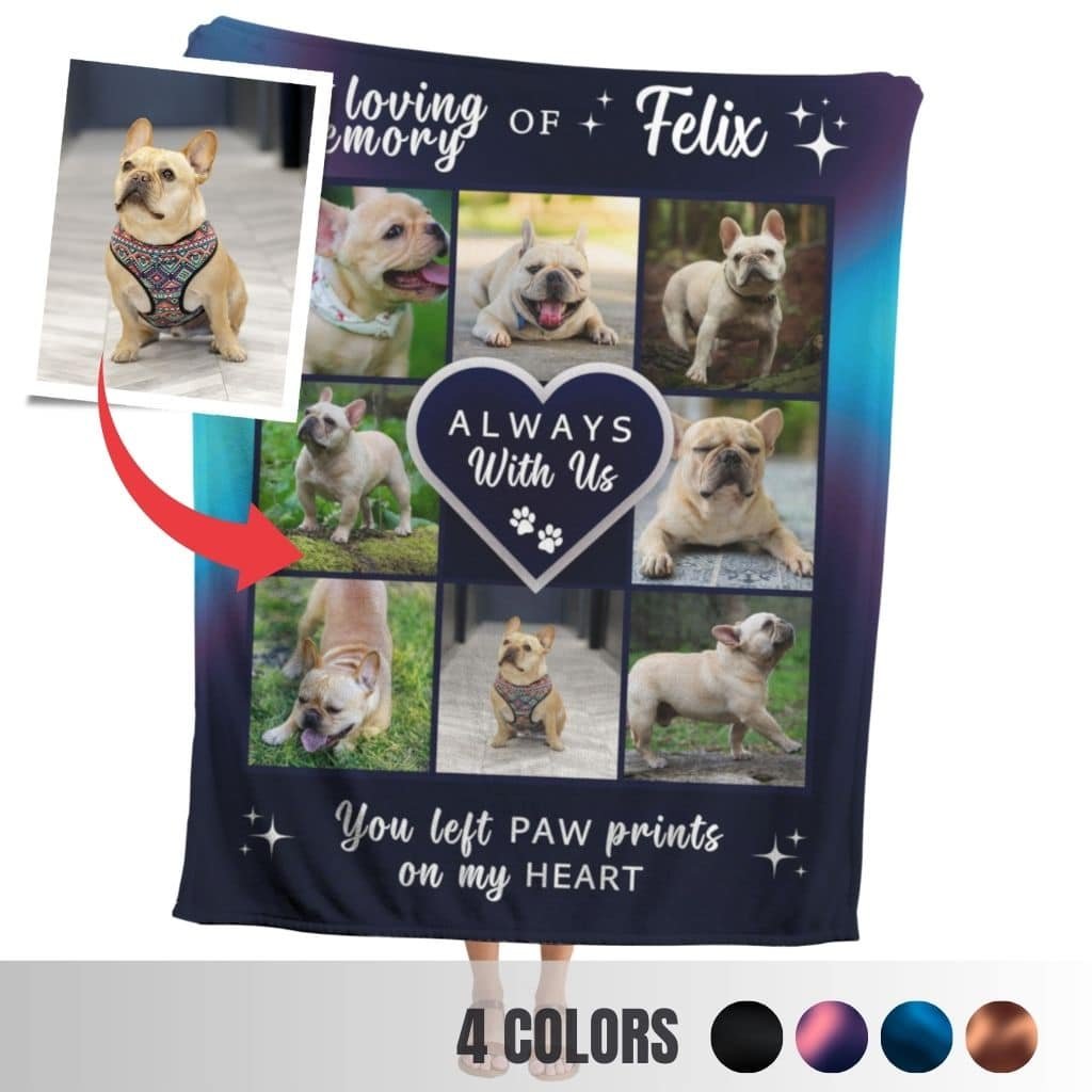 Pet-Memorial-Blanket-With-Photo-Navy-Front-White-Background Pet memorial blanket with a pet's photos in navy