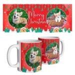 Red personalized Christmas dog mug with dog photo.
