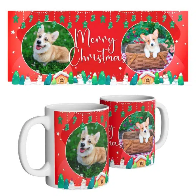 Red personalized Christmas dog mug with dog photo.