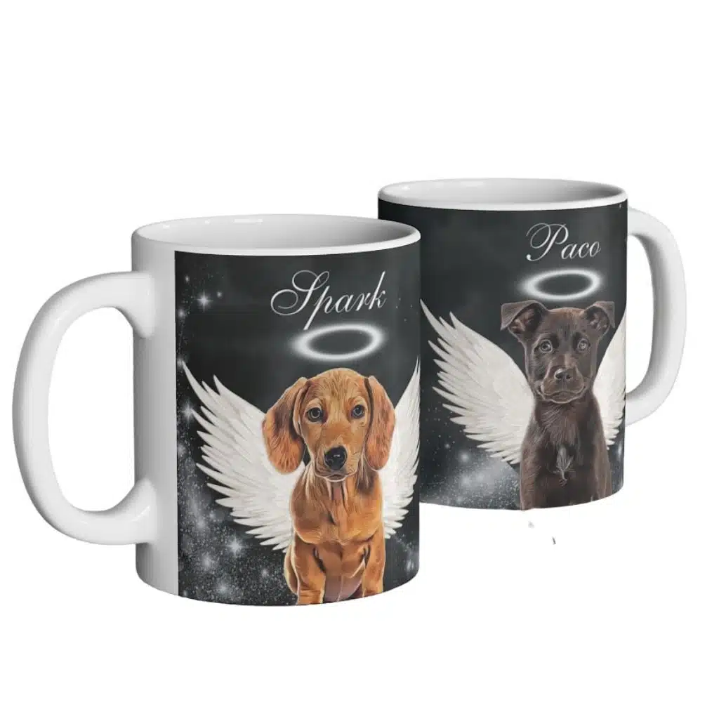 Two personalized pet memorial mugs with dogs' pictures as angels, dog bereavement gifts