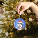 Woman holding a blue custom dog ornament featuring a dog's photo and name