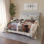 Family collage photo blanket with multiple personalized images, spread out on a bed, creating a warm and personalized atmosphere