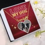 Dog name necklace with paw print, displayed on a red message card.