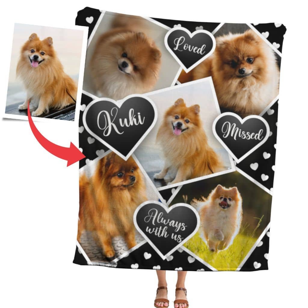 personalized-dog-memorial-blanket-with-photo-black-with-background-white-background Personalized dog memorial blanket featuring pet photos in black on a white background
