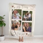 Personalized family collage photo blanket featuring multiple family photos arranged in a creative design, creating a cozy and sentimental keepsake