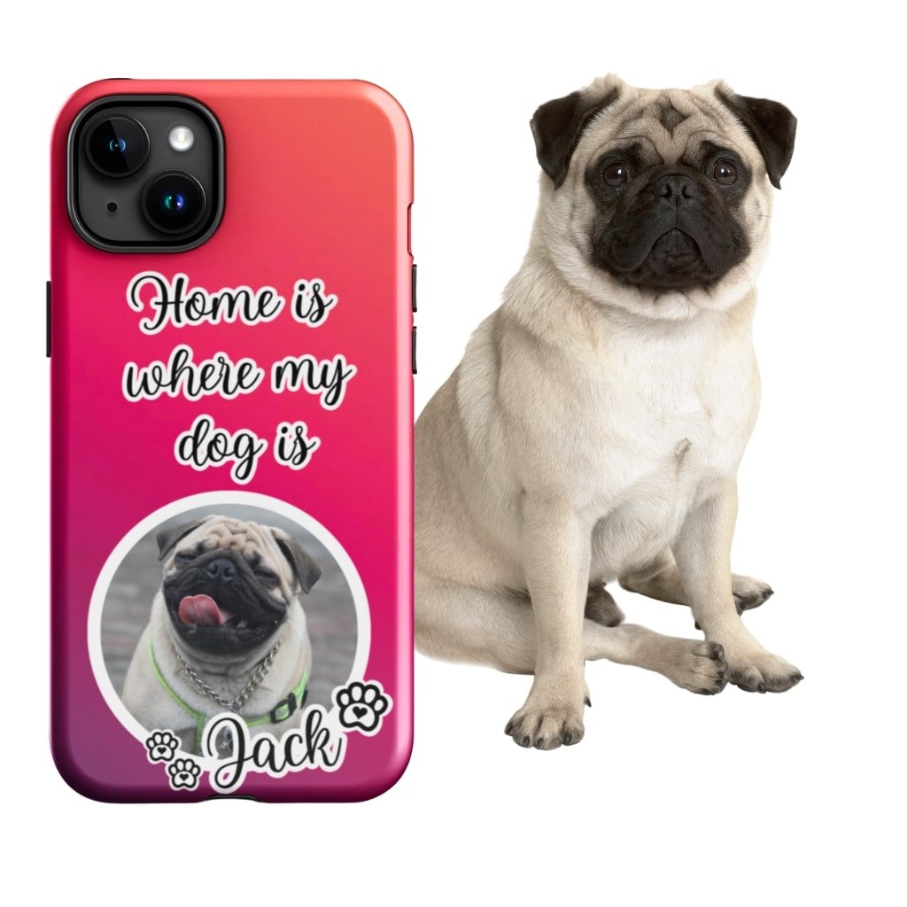 Personalized-Dog-Phone-Case-Using-Dog-Photo-and-Name-Home-Is-Where-My-Dog-Is (5) Personalized dog phone case featuring a custom dog photo and name with the phrase "Home Is Where My Dog Is," Style 1, designed for dog lovers