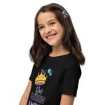 birthday girl shirt with crwn and custom name in black, left front view, displayed on a model