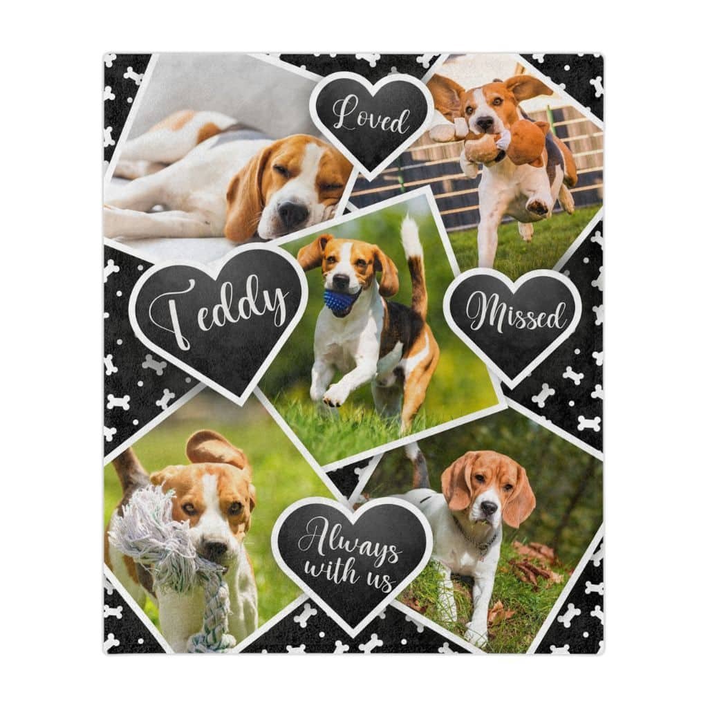 pet-memory-blanket-black-variant Pet memory blanket in black, 50x60in, featuring a pet photo collage on a beautiful background with a bone pattern