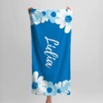 Personalized beach towel with name in navy blue floral theme, size 30x60 inches, elegant design perfect for women