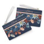 Personalized clutch purse with floral design and custom name on the front, styled as a thoughtful bridesmaid gift and elegant custom handbag.