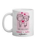 Personalized couple mug with custom names and romantic Our Love Story design